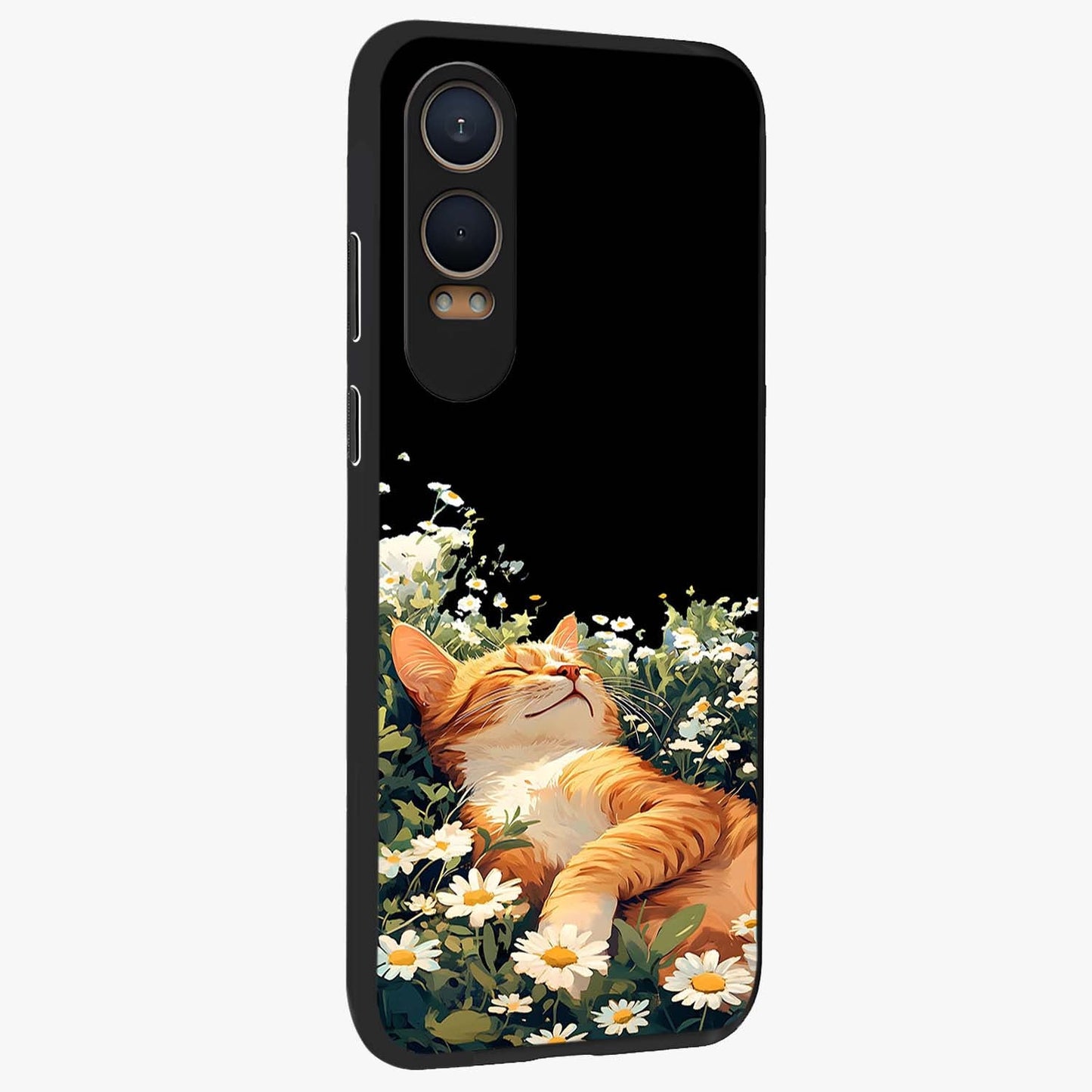 Blissful Bloom Cat Glass Case for 1+Nord CE 4 Lite side perspective highlighting cute feline illustration and premium edges