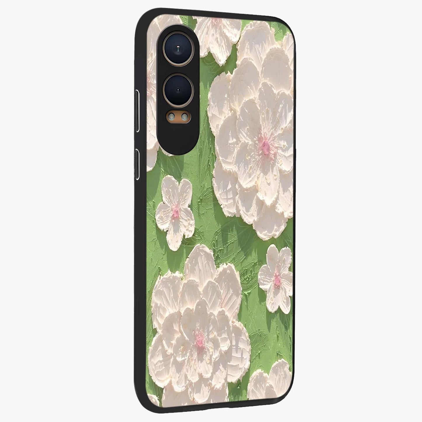 Blossom Meadow Dreams Glass Case for 1+Nord CE 4 Lite side perspective highlighting serene floral design and smooth edges