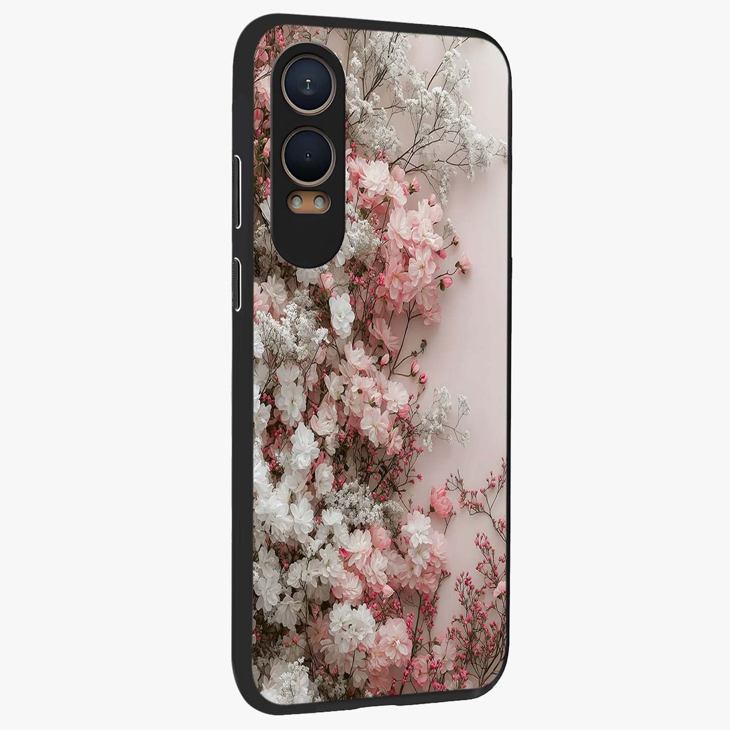 Blush Blossom Cloud Glass Case for 1+Nord Ce 4 Lite side perspective highlighting airy blush detailing and premium build