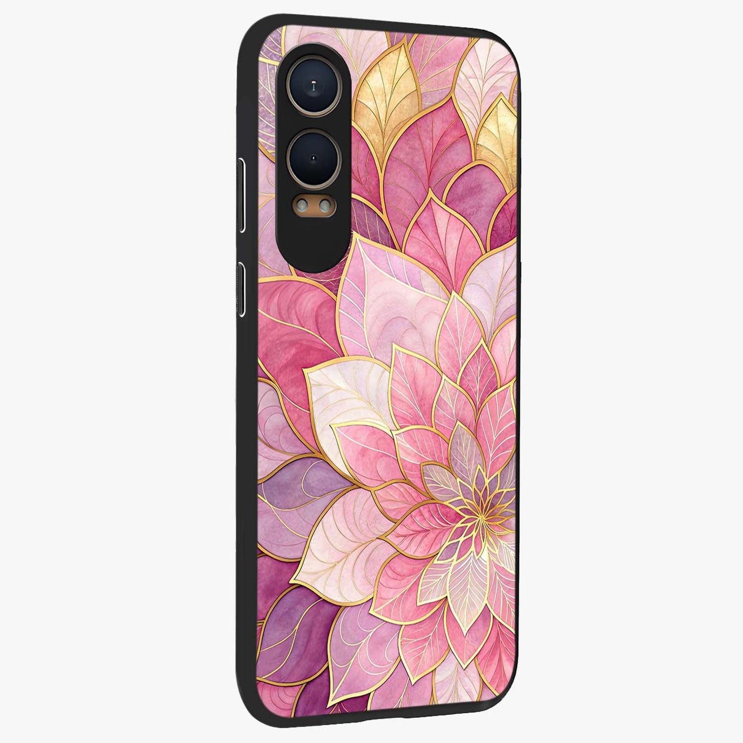 Blush Luxe Bloom Glass Case for 1+Nord Ce 4 Lite side perspective highlighting elegant floral textures and sleek edges