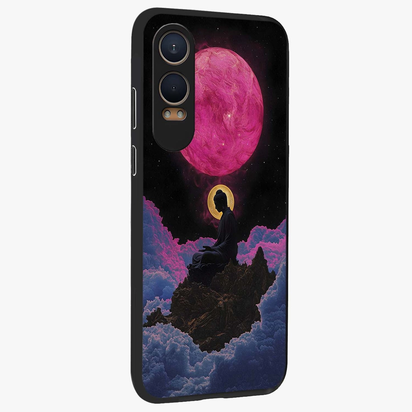 Buddha and Planets Glass Case for 1+Nord CE 4 Lite side perspective highlighting divine illustration details and premium build