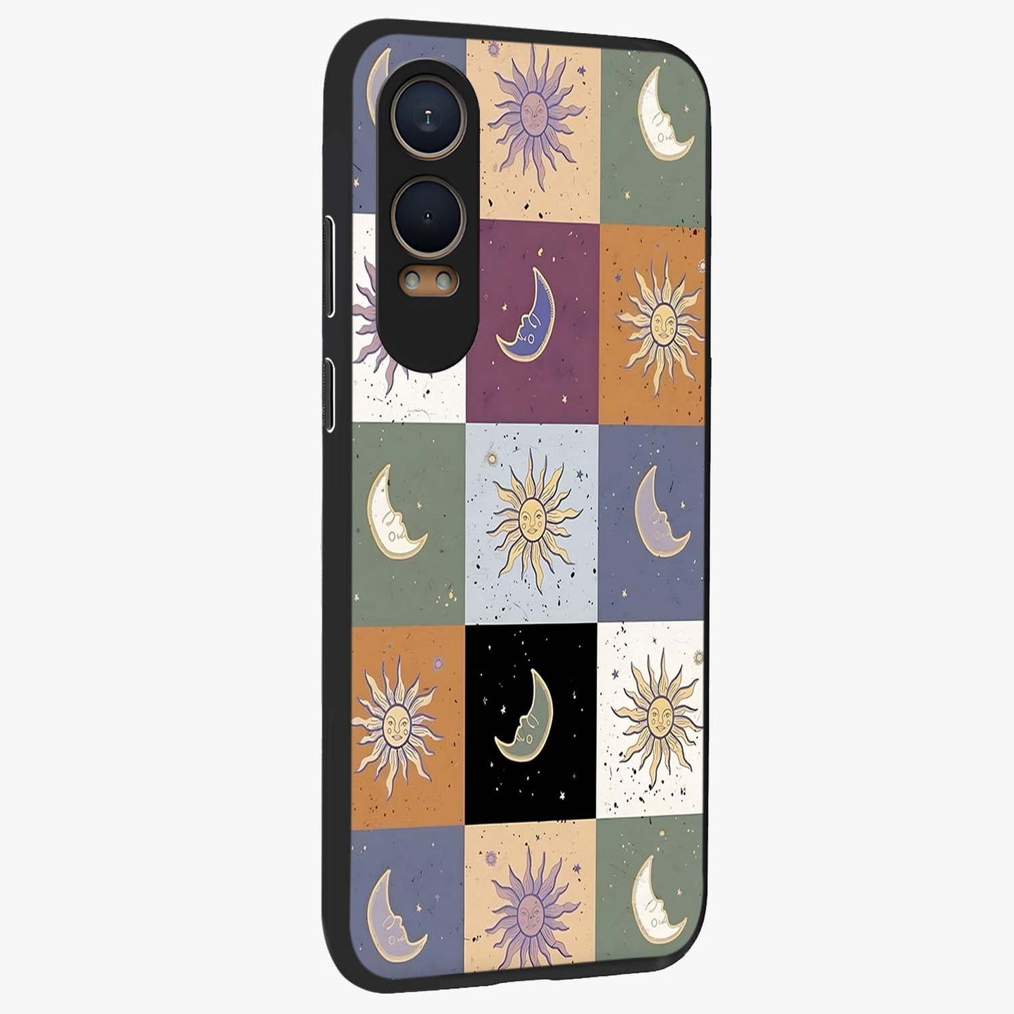 Celestial Patchwork Dreams Glass Case for 1+Nord Ce 4 Lite side perspective highlighting vibrant patchwork detailing and sleek edges