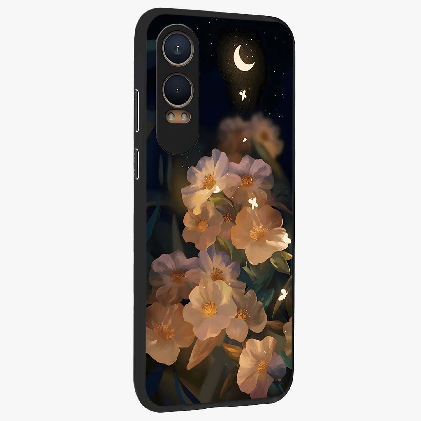 Celestial Petal Night Glass Case for 1+Nord CE 4 Lite side perspective highlighting delicate petal details and premium edges