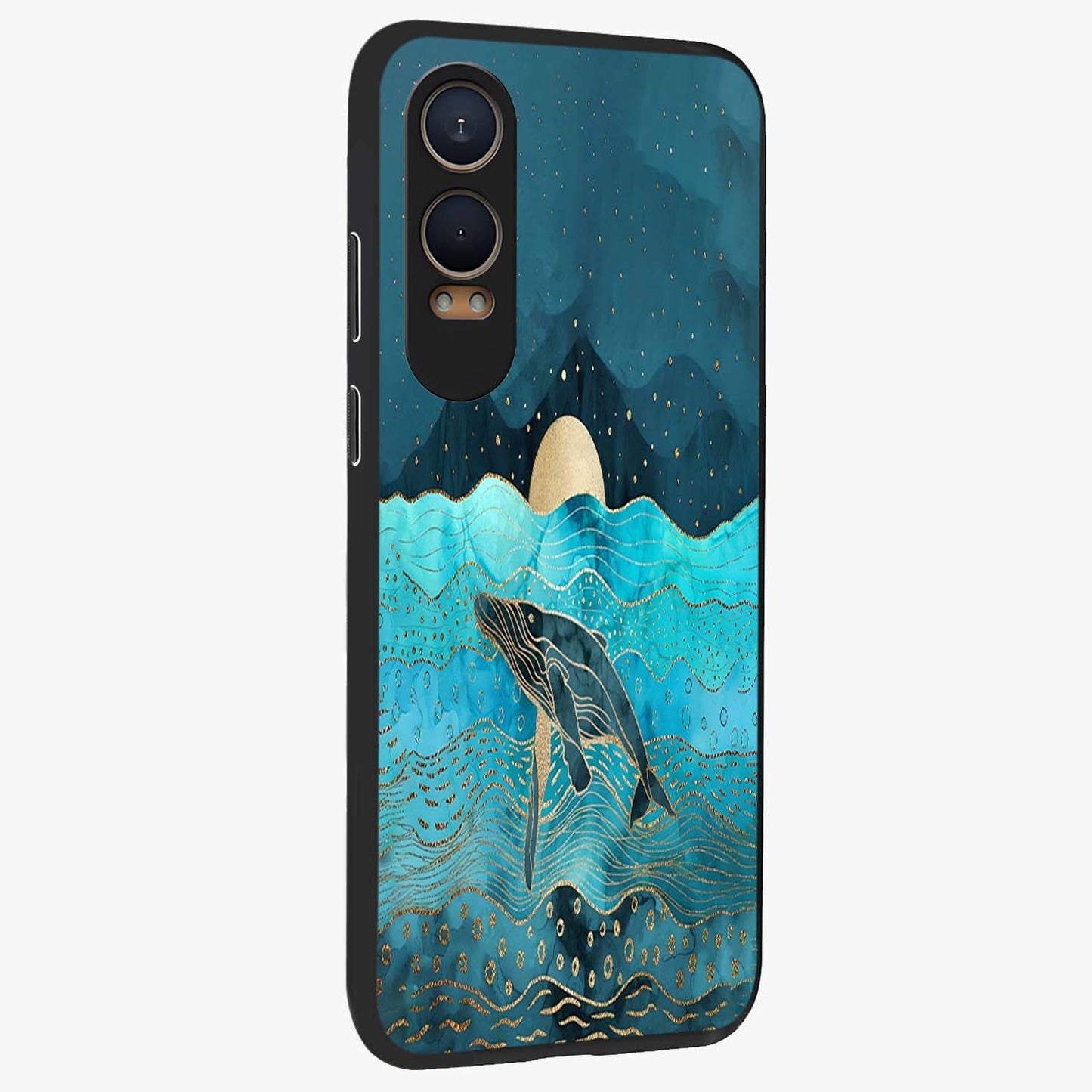 Celestial Whale Voyage Glass Case for 1+Nord CE 4 Lite side perspective highlighting flowing whale illustration and premium detailing
