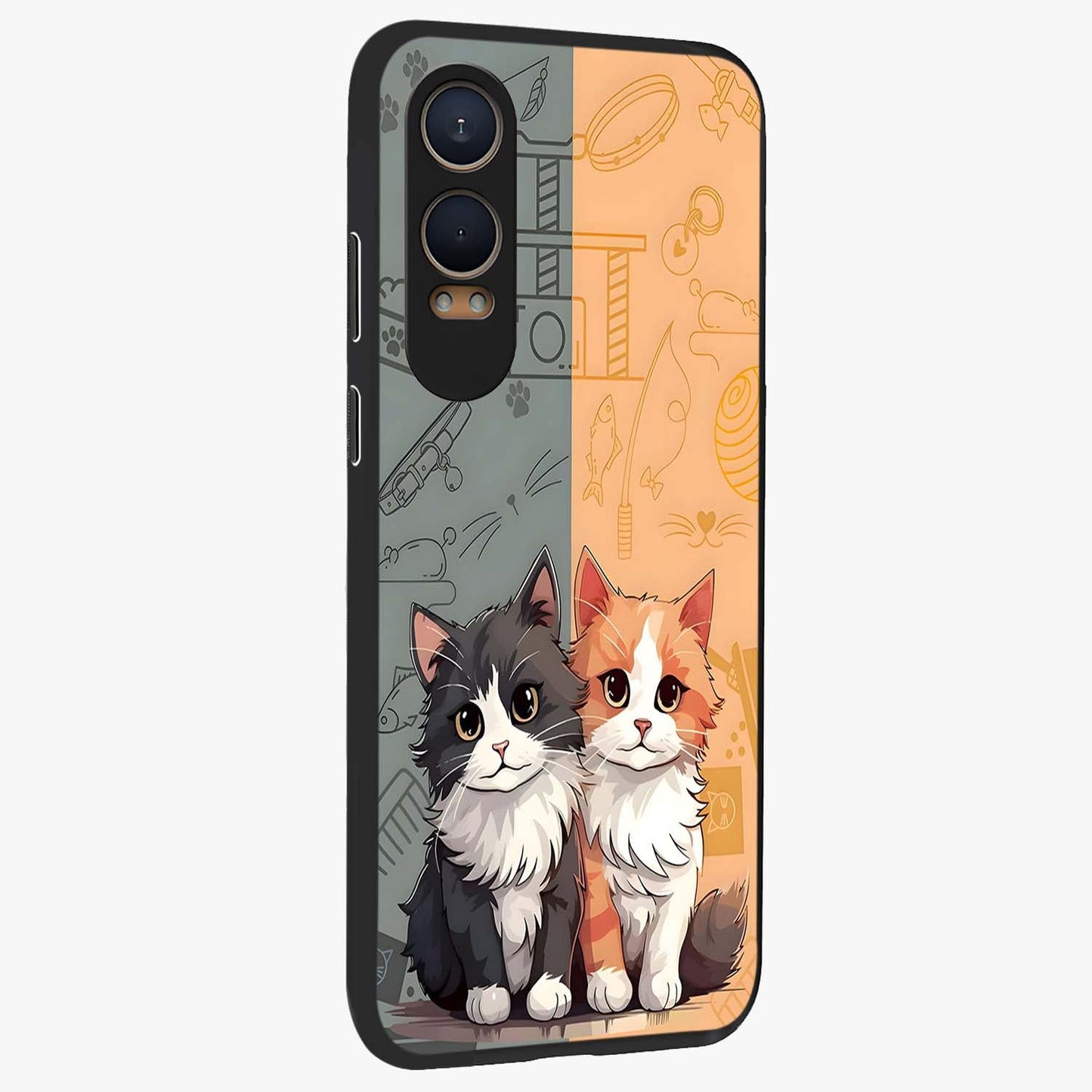 Cozy Cat Duo Glass Case for 1+Nord CE 4 Lite side perspective highlighting playful cat detailing and sleek edges