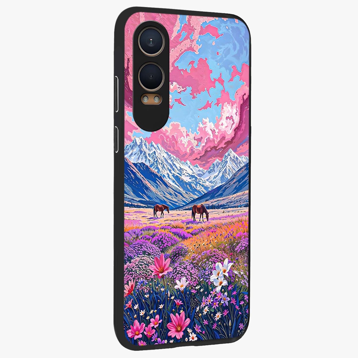 Dreamy Floral Pastures Glass Case for 1+Nord CE 4 Lite side perspective highlighting calming floral detailing and sleek build
