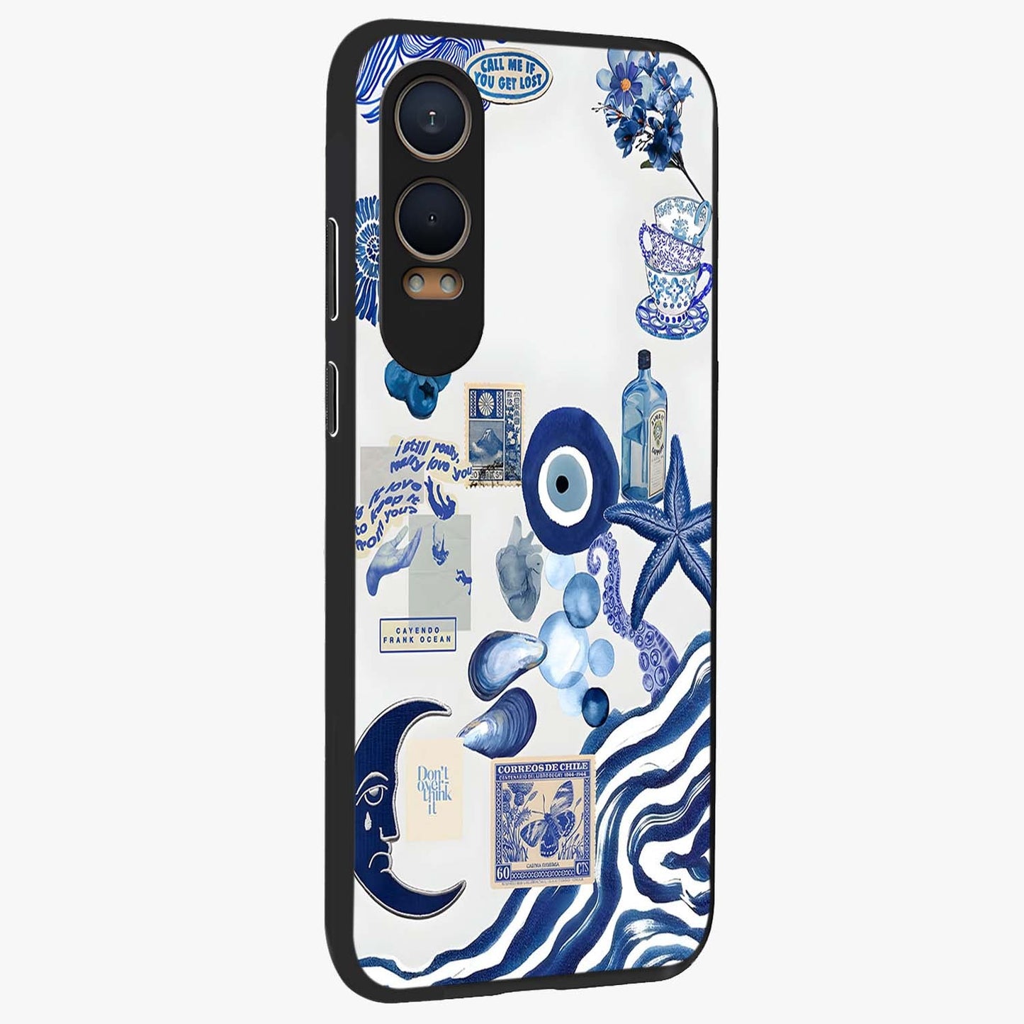 Evil Eyes Dark Blue Glass Case for 1+Nord CE 4 Lite side perspective highlighting intense blue detailing and premium build