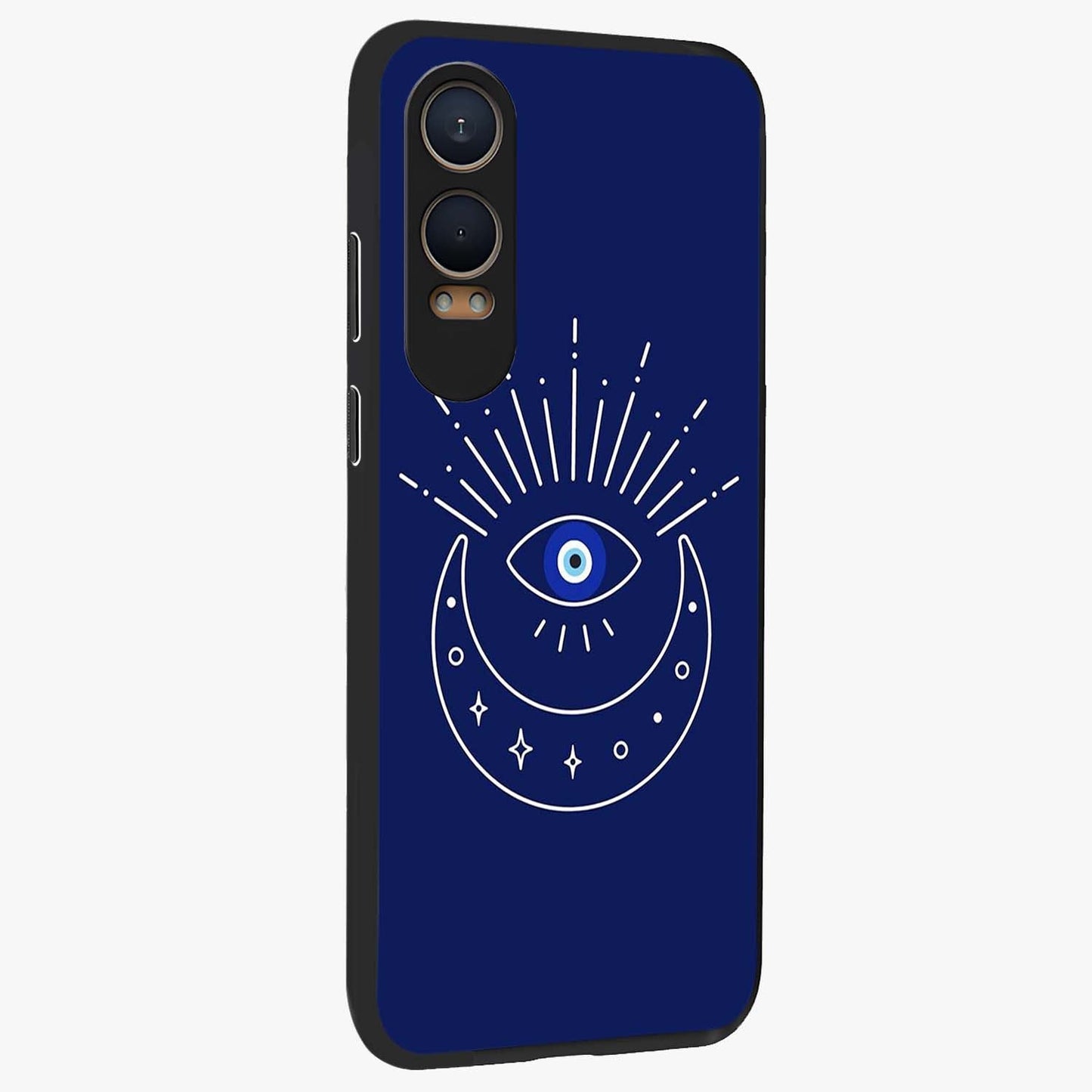 Evil Eye With Blue Themed Collage Glass Case for 1+Nord CE 4 Lite side perspective highlighting bold collage detailing and smooth edges