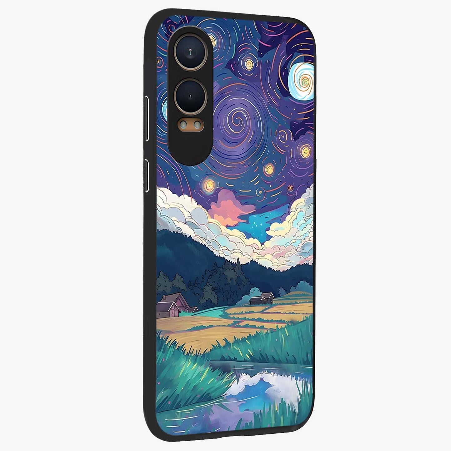 Fields Beneath the Cosmos Glass Case for 1+Nord CE 4 Lite side perspective highlighting serene landscape textures and premium edges