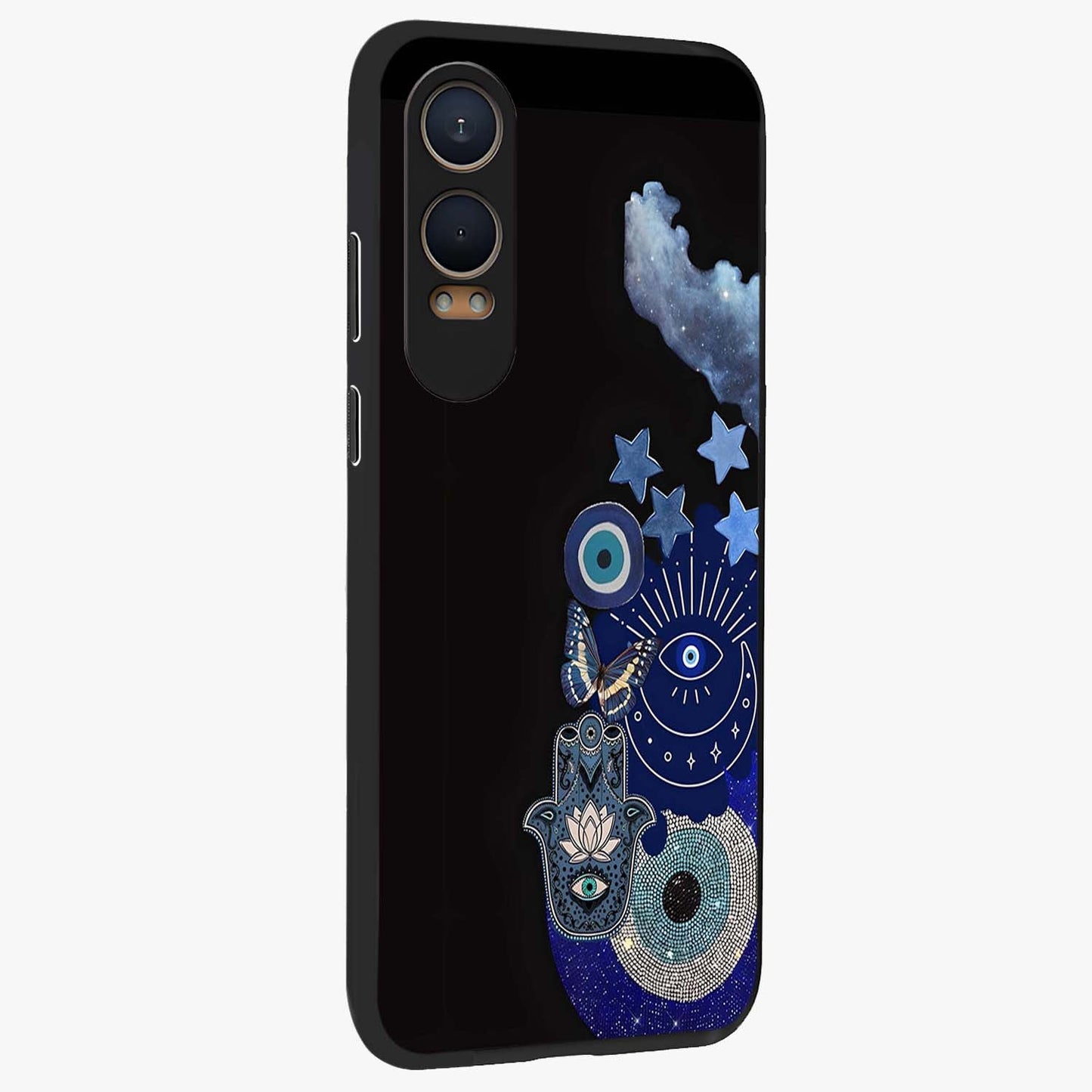 Galactic Charm Cluster Glass Case for 1+Nord CE 4 Lite side perspective highlighting glowing textures and premium edge finish