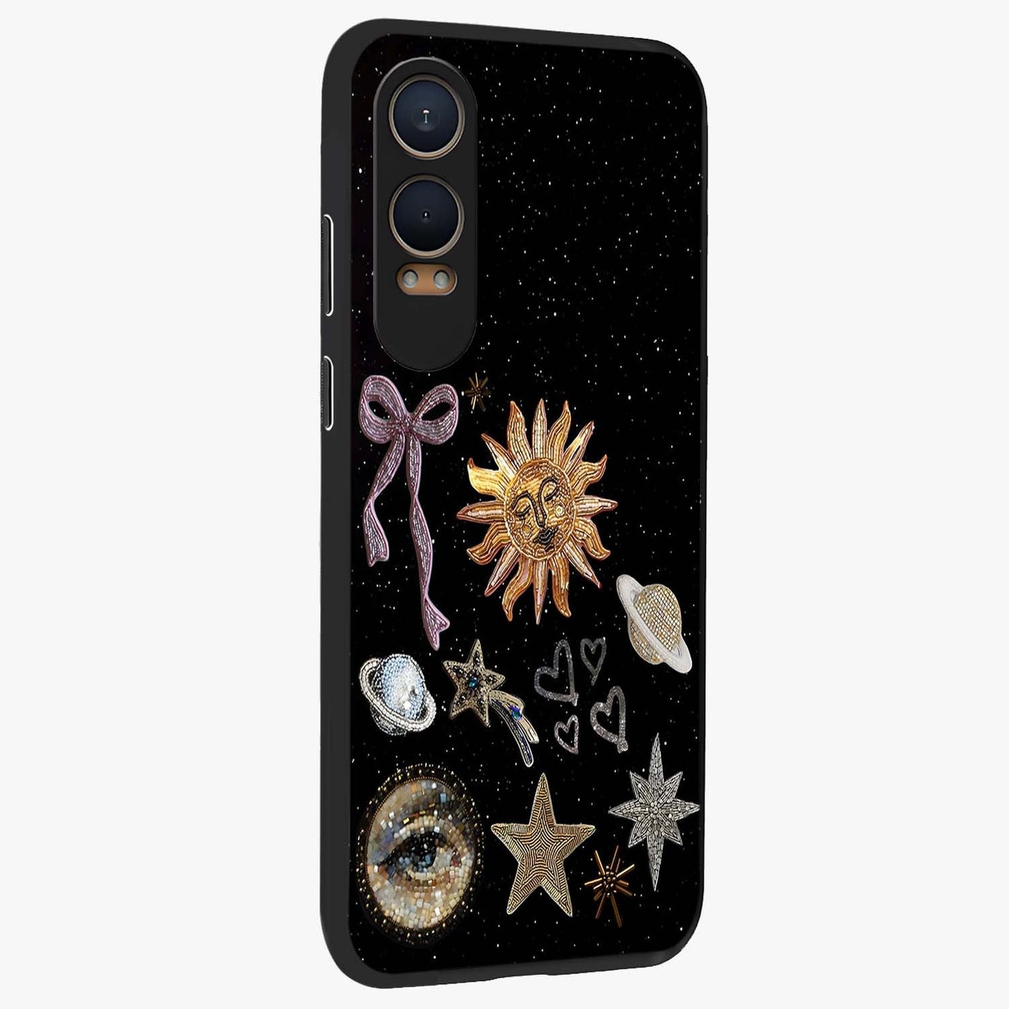 Galactic Sun Charm Glass Case for 1+Nord CE 4 Lite side perspective highlighting glowing sun detailing and premium edge finish