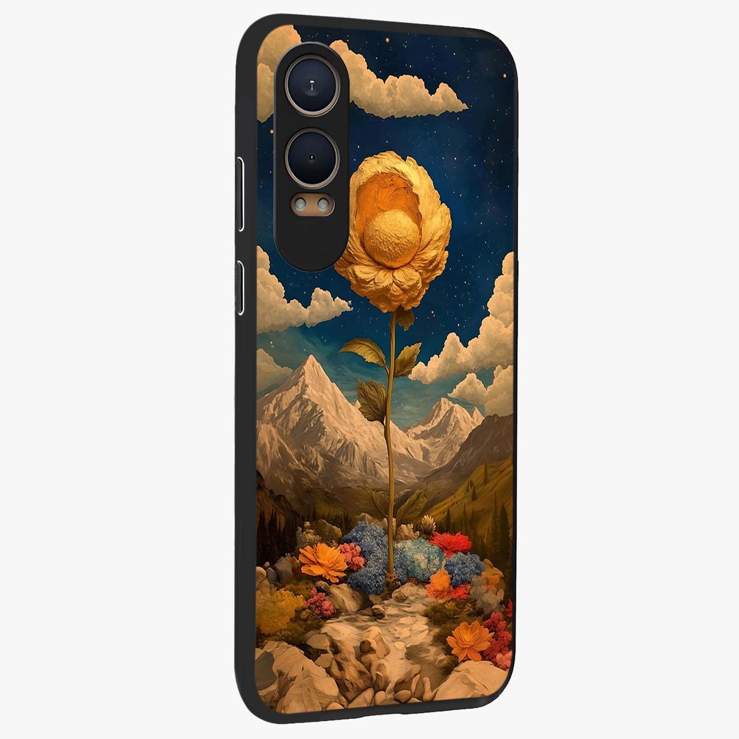 Golden Bloom Night Glass Case for 1+Nord CE 4 Lite side perspective highlighting radiant bloom detailing and premium edges