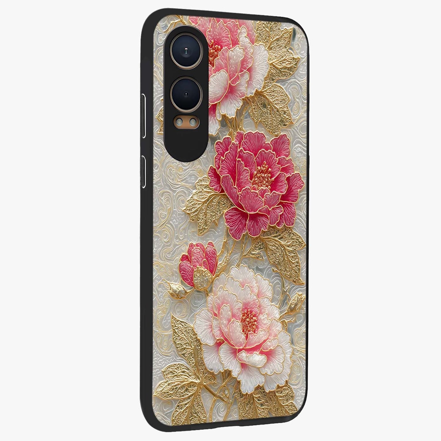 Golden Blossom Elegance Glass Case for 1+Nord CE 4 Lite side perspective highlighting delicate floral textures and sleek build
