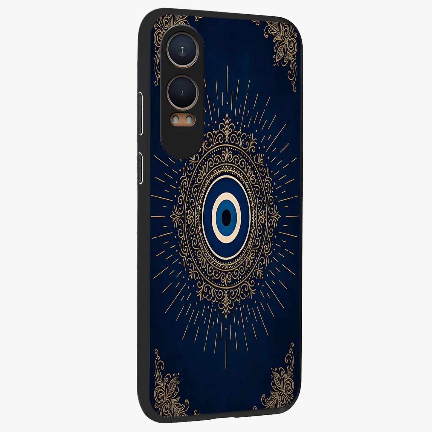 Golden Evil Eye Mandala Glass Case for 1+Nord CE 4 Lite side perspective highlighting rich textures and sleek premium build