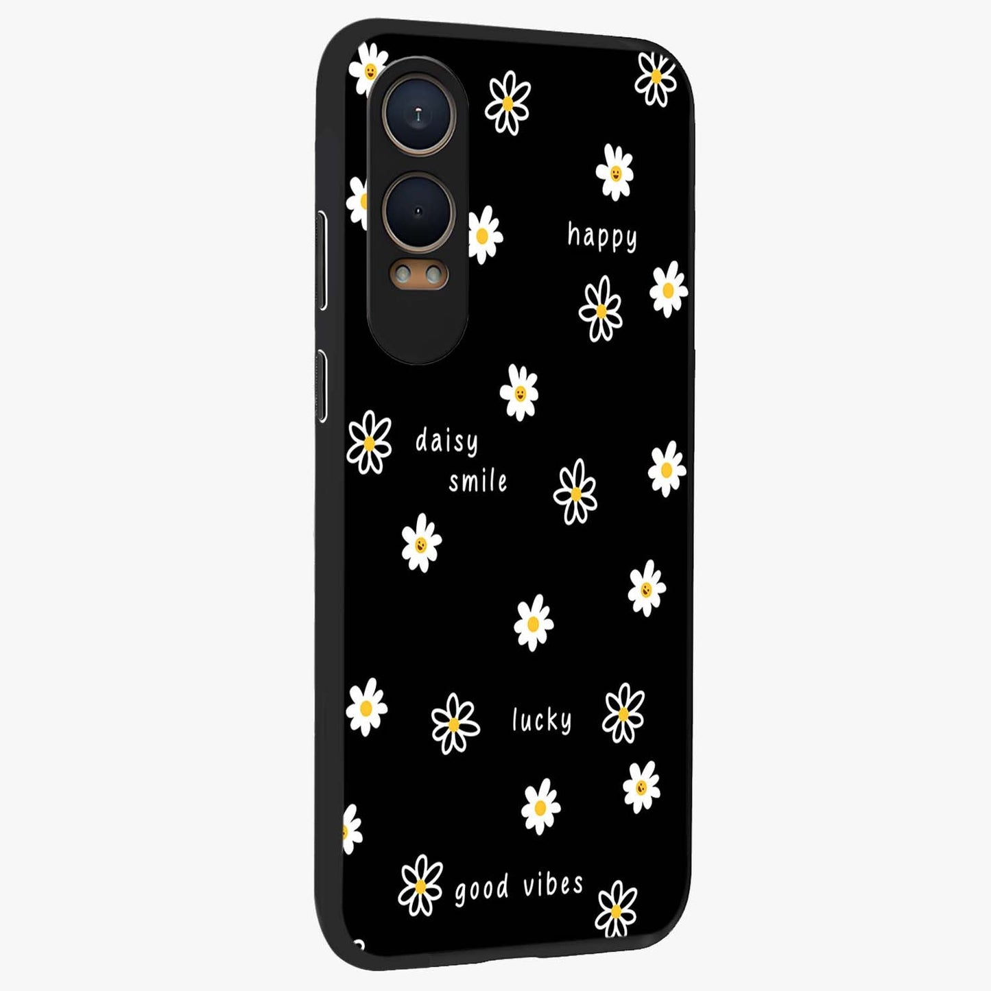 Good Vibes Daisy Black Pattern Glass Case for 1+Nord CE 4 Lite side perspective highlighting playful daisy detailing and smooth edges