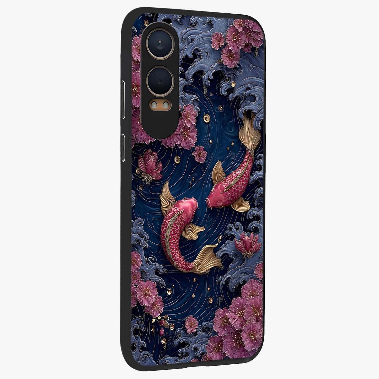 Koi Wave Dance Glass Case for 1+Nord CE 4 Lite side perspective highlighting dynamic motion detailing and smooth build