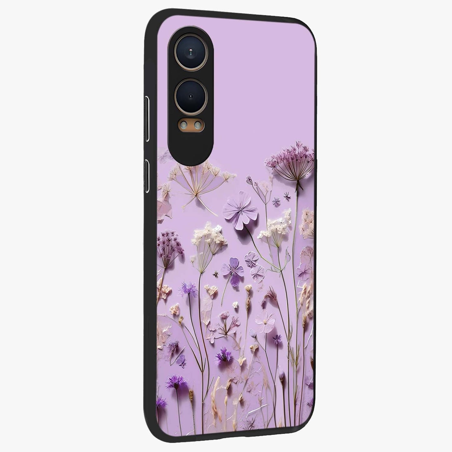 Lavender Blossom Dream Glass Case for 1+Nord CE 4 Lite side perspective highlighting gentle bloom detailing and premium edges
