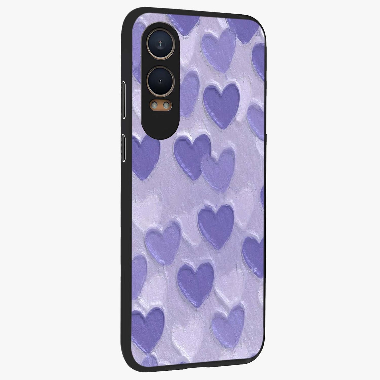 Lavender Paper Hearts Glass Case for 1+Nord CE 4 Lite side perspective highlighting delicate heart textures and sleek build