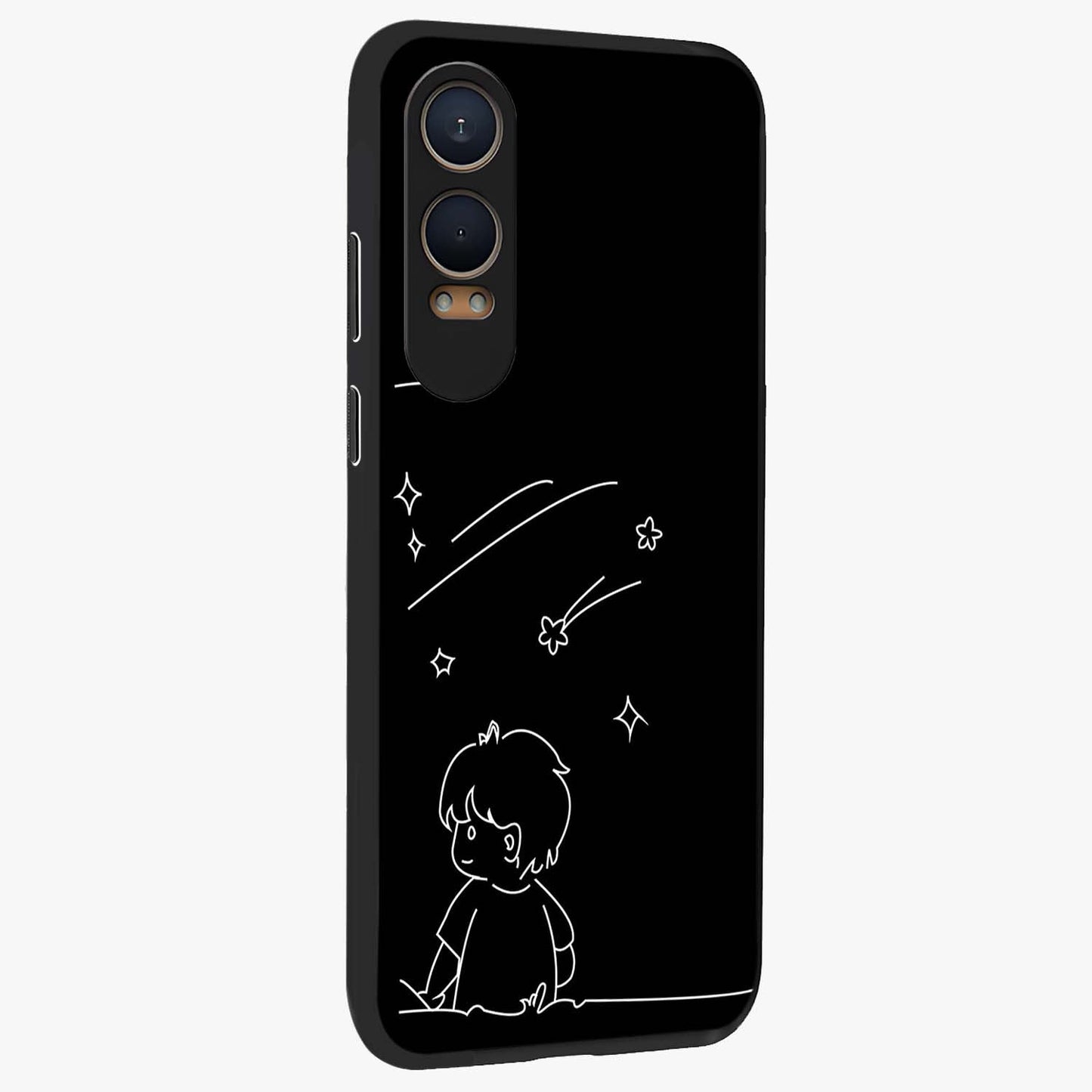 Line Art Boy With Shooting Stars Glass Case for 1+Nord CE 4 Lite side perspective highlighting delicate line textures and smooth edges