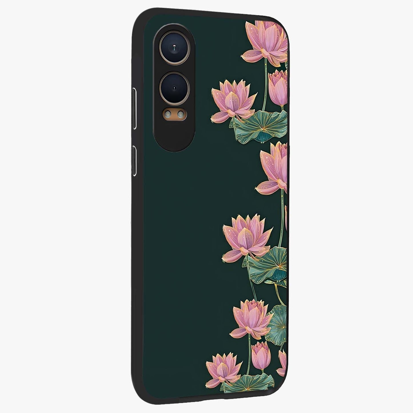 Lotus Bloom Serenity Glass Case for 1+Nord CE 4 Lite side perspective highlighting delicate petal textures and premium edges