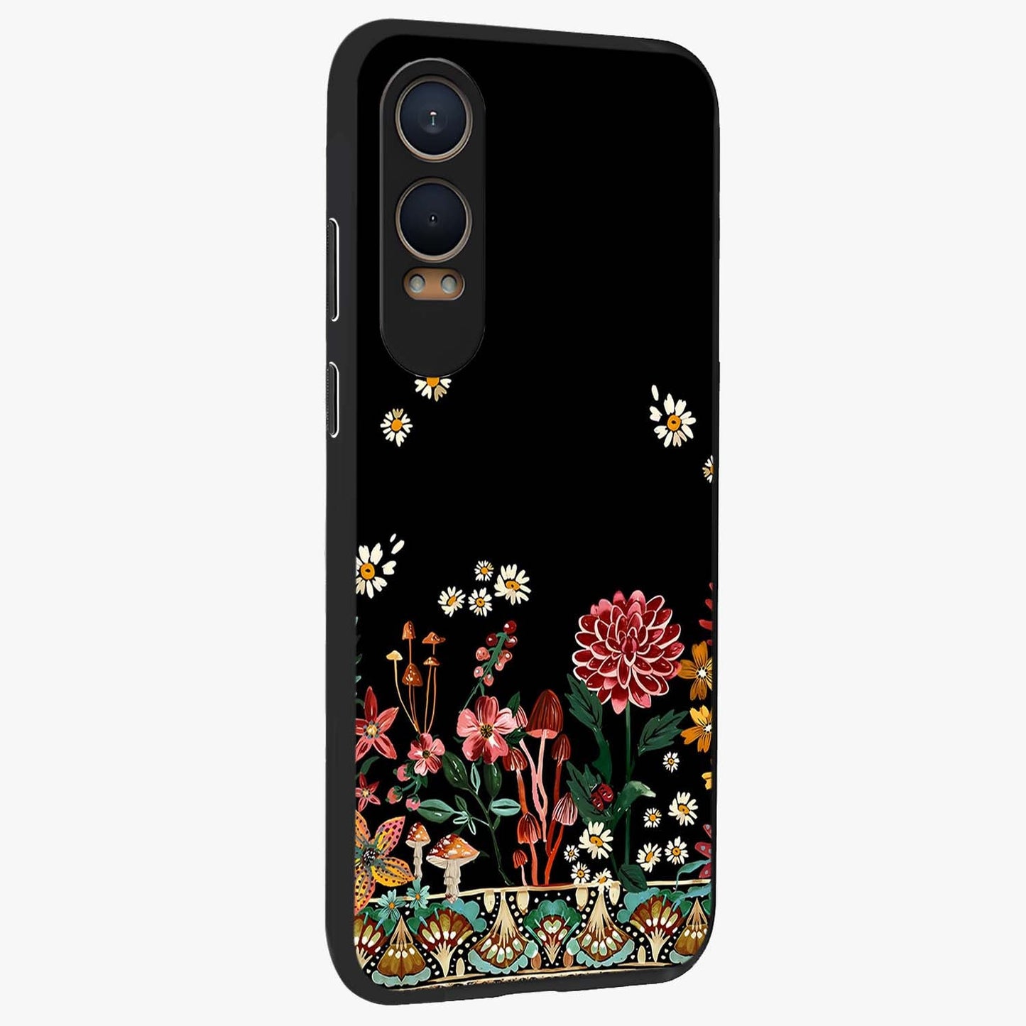 Midnight Bloom Pattern Glass Case for 1+Nord Ce 4 Lite side perspective highlighting intricate floral textures and premium edges