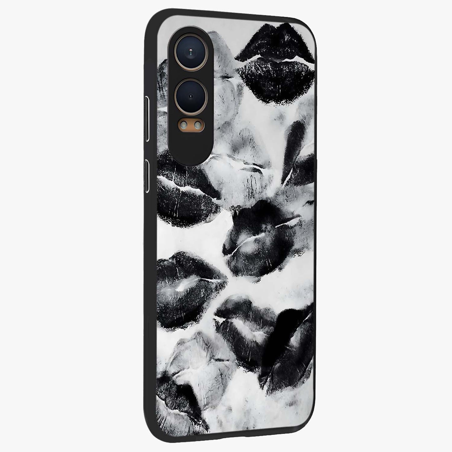 Midnight Kiss Marks Glass Case for 1+Nord CE 4 Lite side perspective highlighting playful detailing and premium edge finish