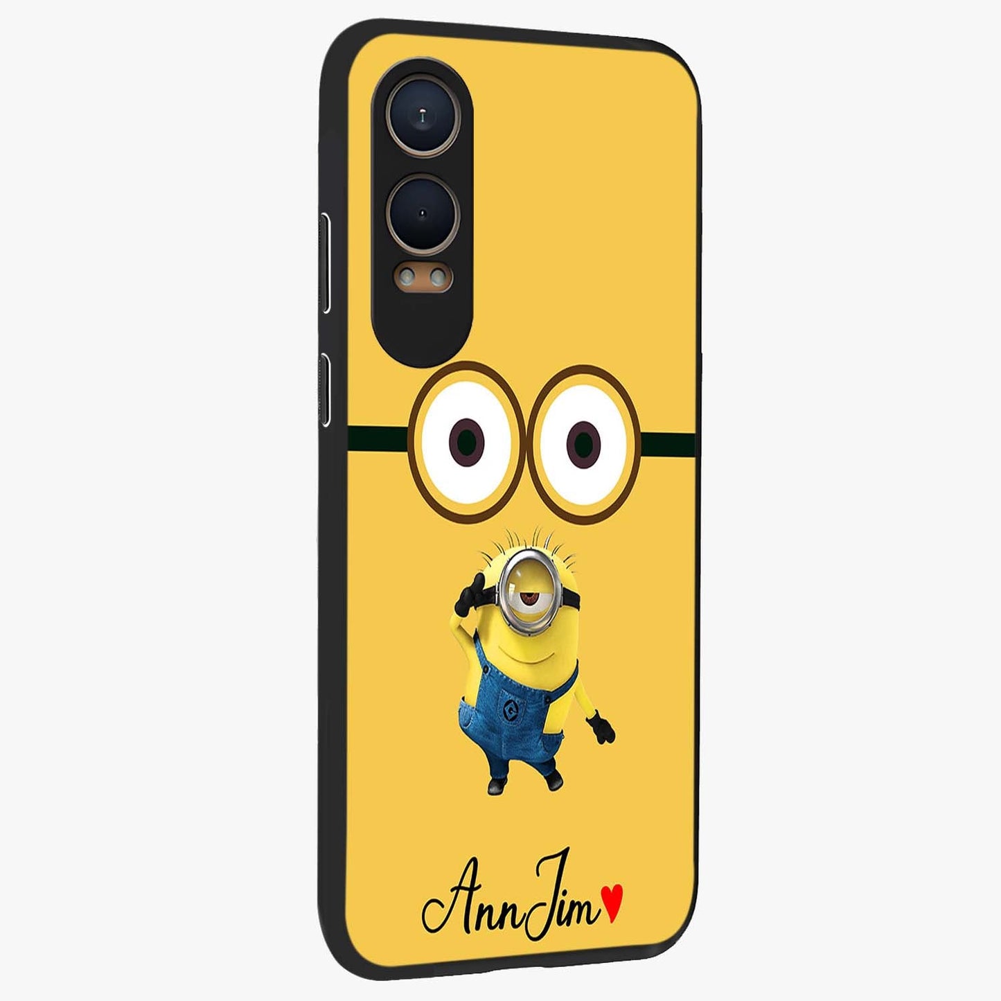 Minion Custom Name Glass Case for 1+Nord Ce 4 Lite side perspective highlighting custom typography and smooth premium build