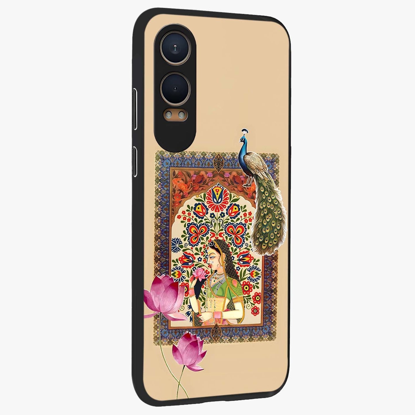 Mughal Princess and Peacock Glass Case for 1+Nord Ce 4 Lite side perspective highlighting detailed cultural textures and smooth premium build