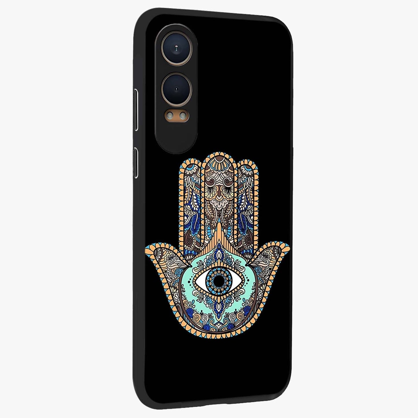 Mystic Hamsa Eye Glass Case for 1+Nord CE 4 Lite side perspective highlighting ornate textures and premium edges