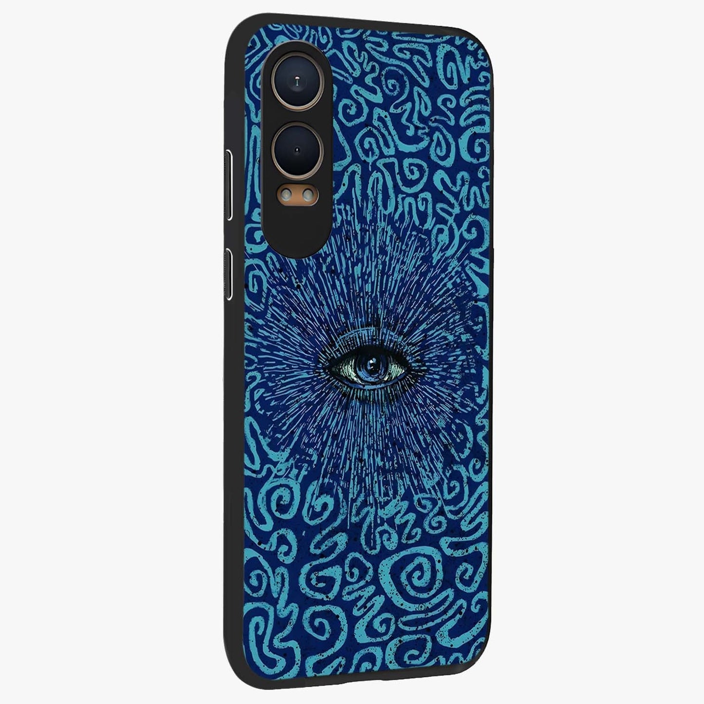 Mystic Inner Eye Glass Case for 1+Nord CE 4 Lite side perspective highlighting bold detailing and smooth edges