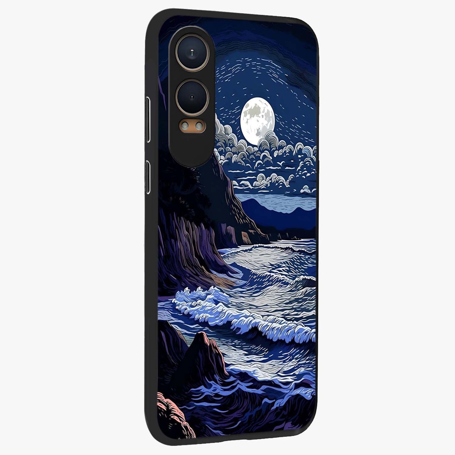 Night Moon Scenery Pattern Glass Case for 1+Nord Ce 4 Lite side perspective highlighting calming scenic textures and smooth build