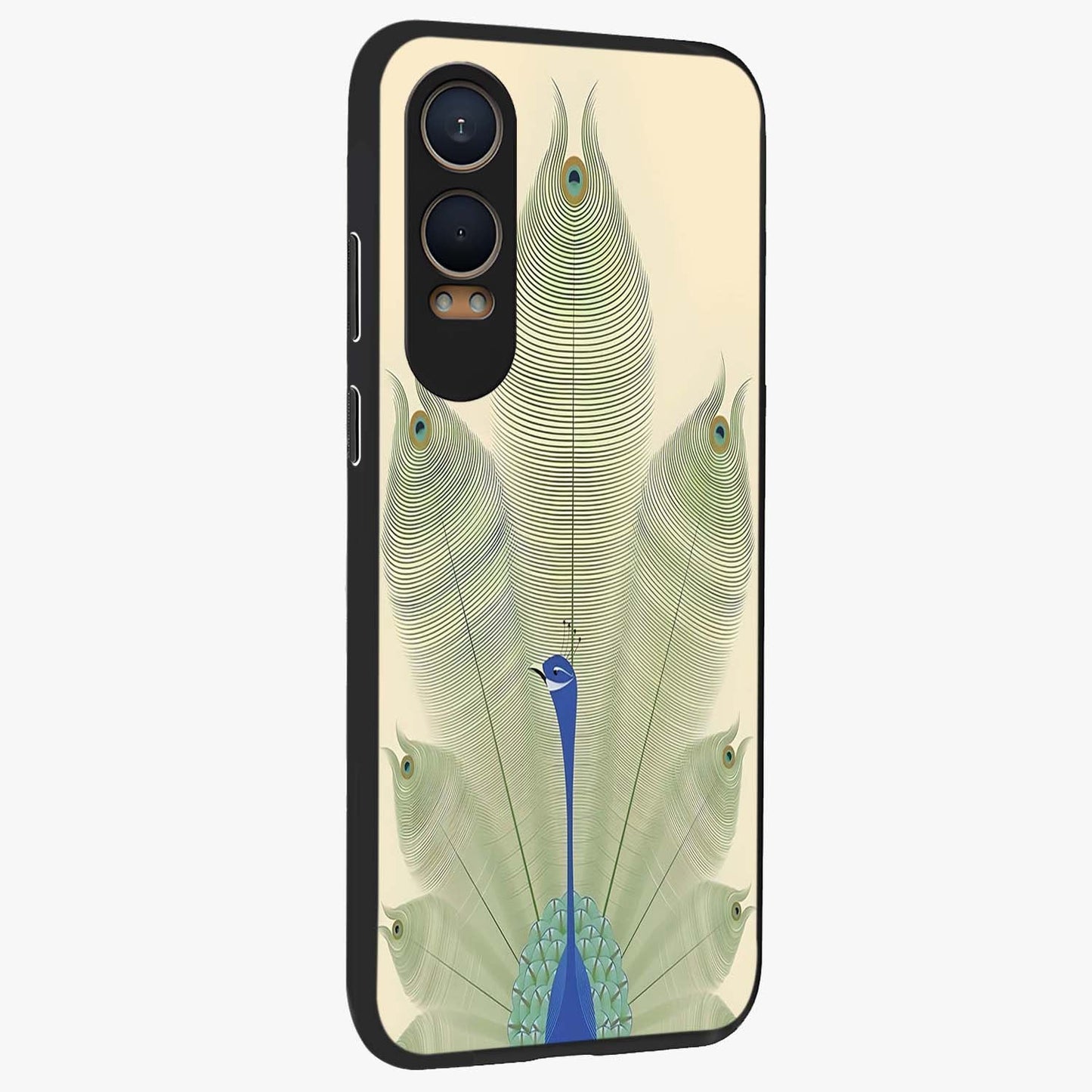 Peacock Feather Grace Glass Case for 1+Nord CE 4 Lite side perspective highlighting intricate plume textures and premium edges