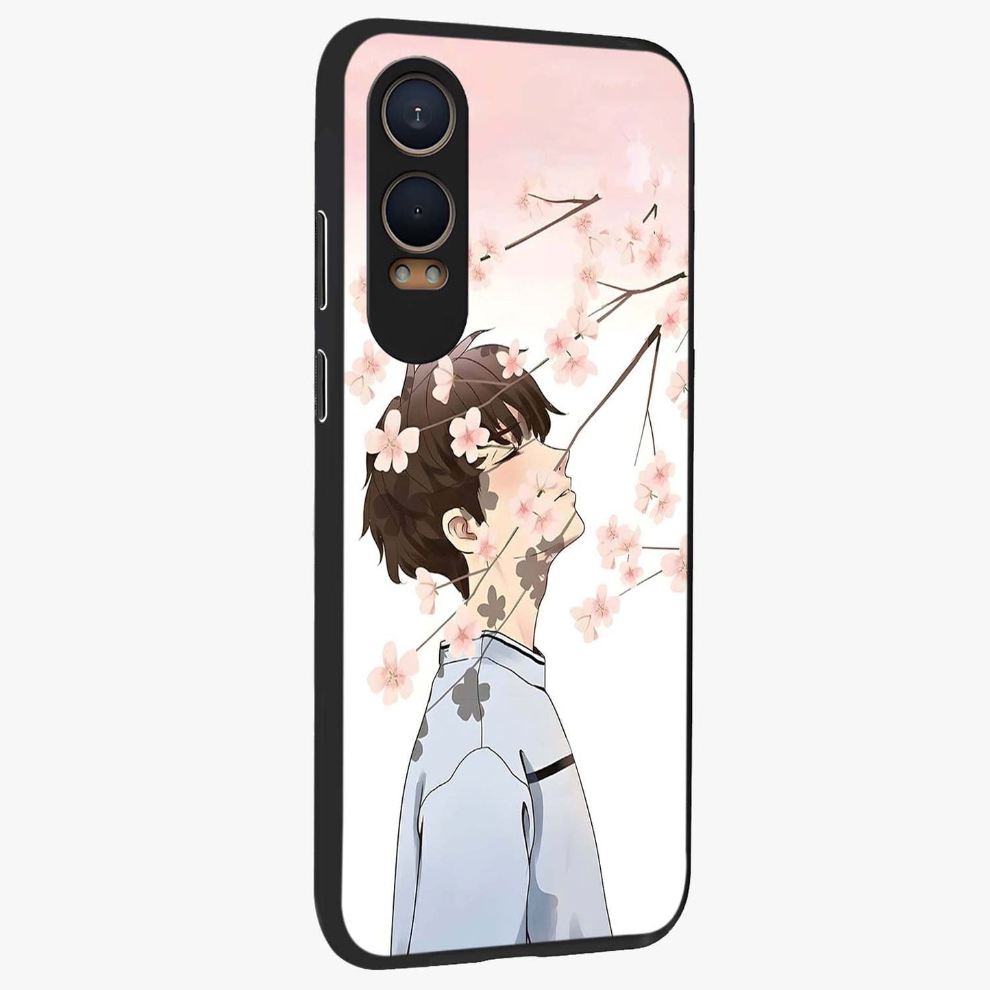 Pink Blossom Boy Glass Case for 1+Nord CE 4 Lite side perspective highlighting delicate floral textures and sleek build