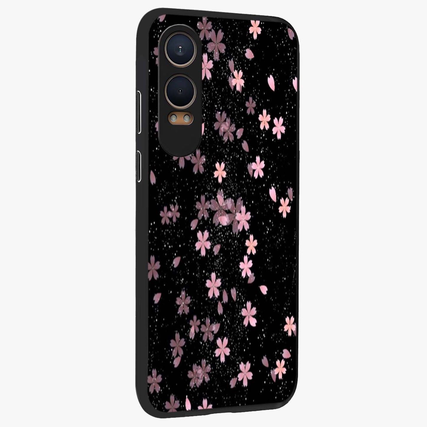 Pink Flower Black Background Glass Case for 1+Nord CE 4 Lite side perspective highlighting vivid bloom textures and sleek build