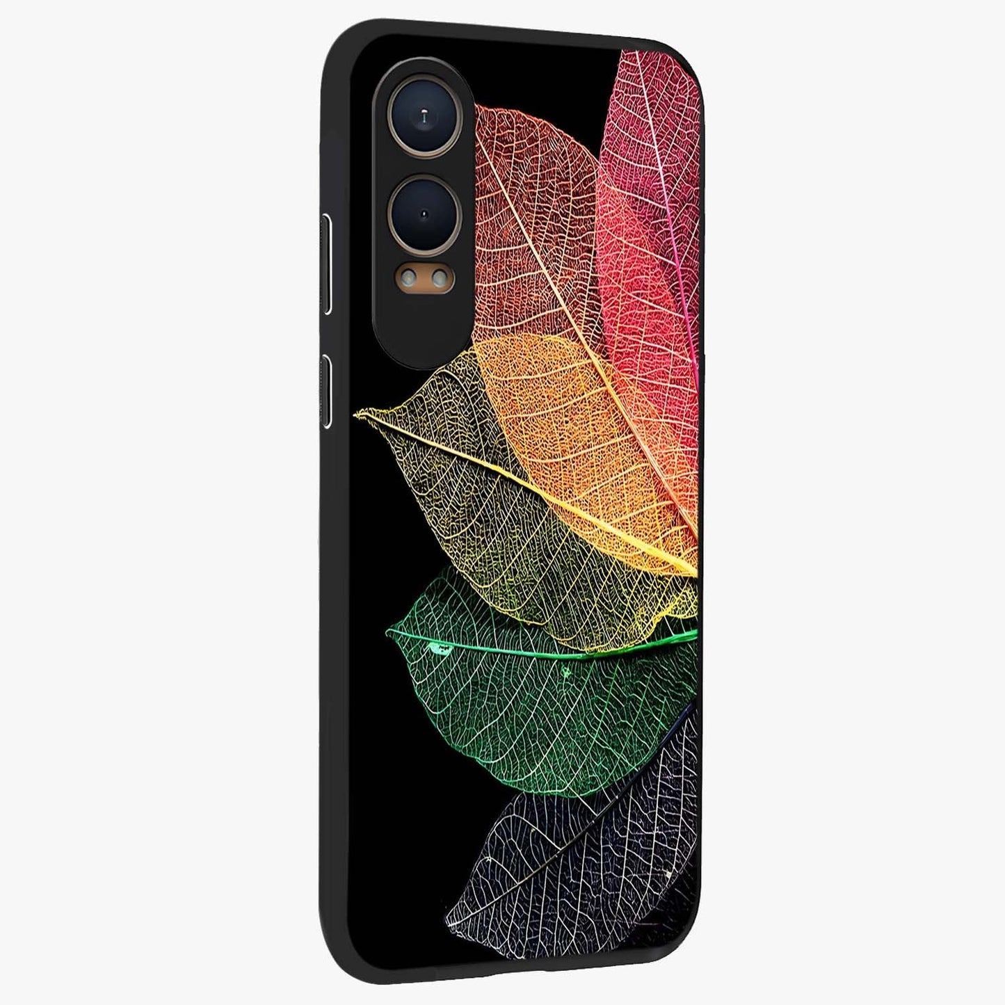 Rainbow Leaf Glow Glass Case for 1+Nord Ce 4 Lite side perspective highlighting bright detailing and premium edge finish