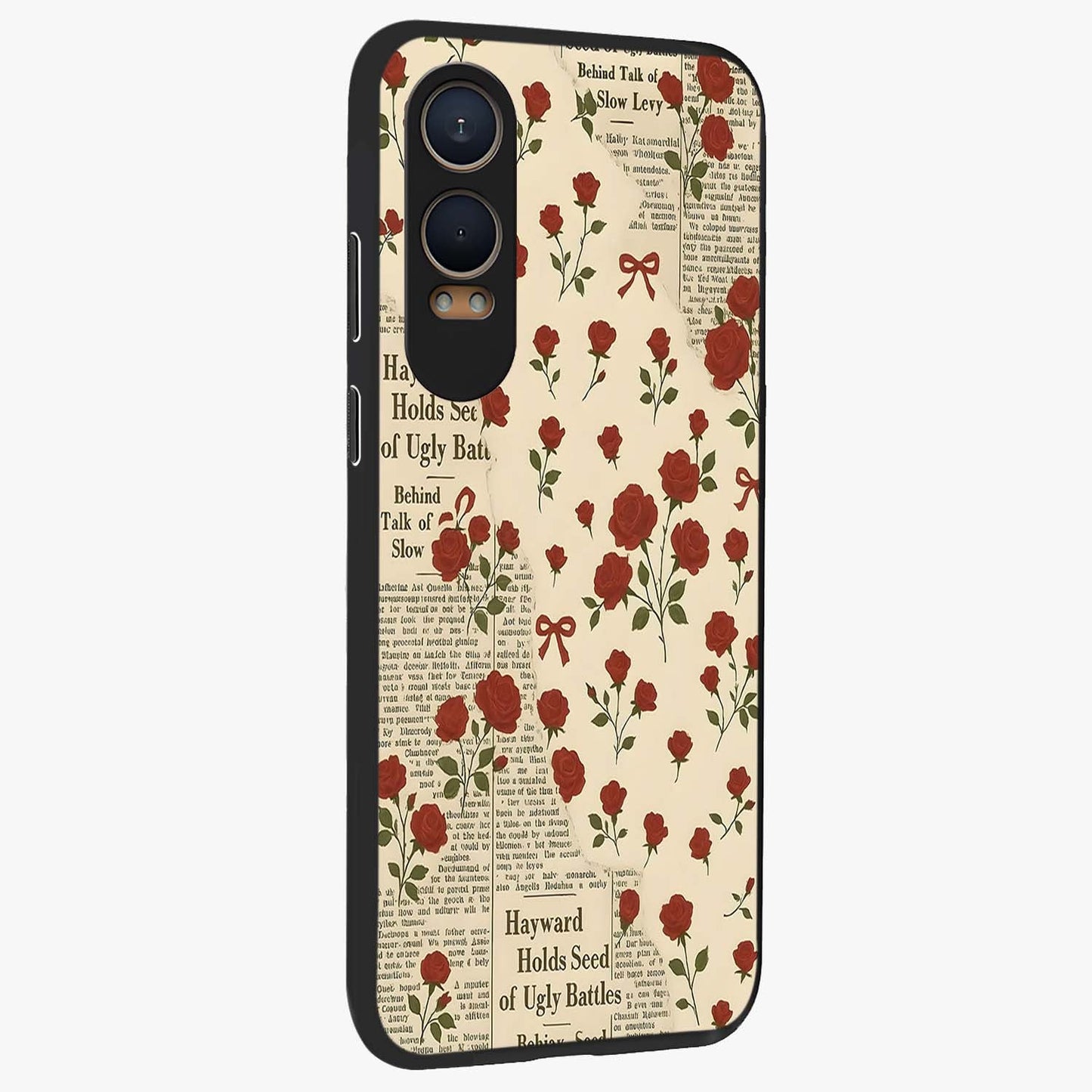 Retro Rose Journal Glass Case for 1+Nord Ce 4 Lite side perspective highlighting delicate floral textures and premium edges