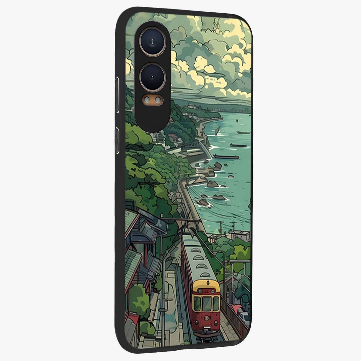 Seaside Train Ride Glass Case for 1+Nord Ce 4 Lite side perspective highlighting detailed scenery textures and premium edges