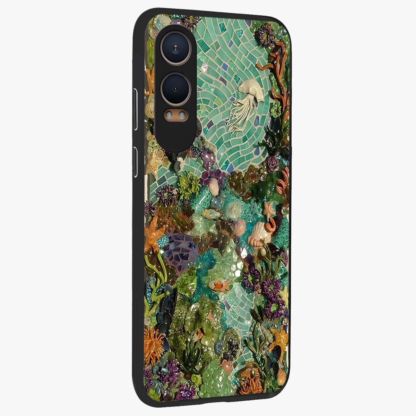 Underwater Mosaic Art Glass Case for 1+Nord Ce 4 Lite side perspective highlighting detailed tile textures and premium edges
