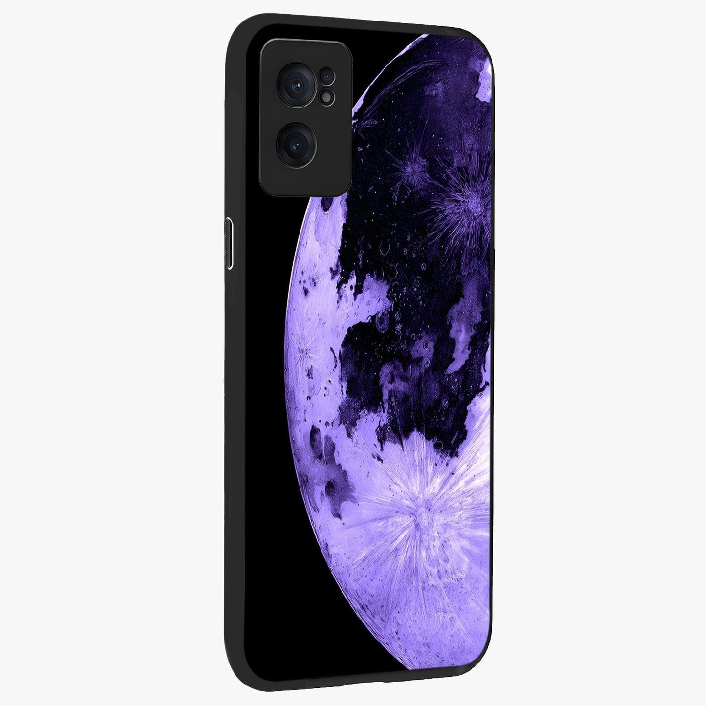Lunar Glow in Violet Glass Case for 1+Nord CE 2 angled mockup showcasing glossy finish and soft purple gradients