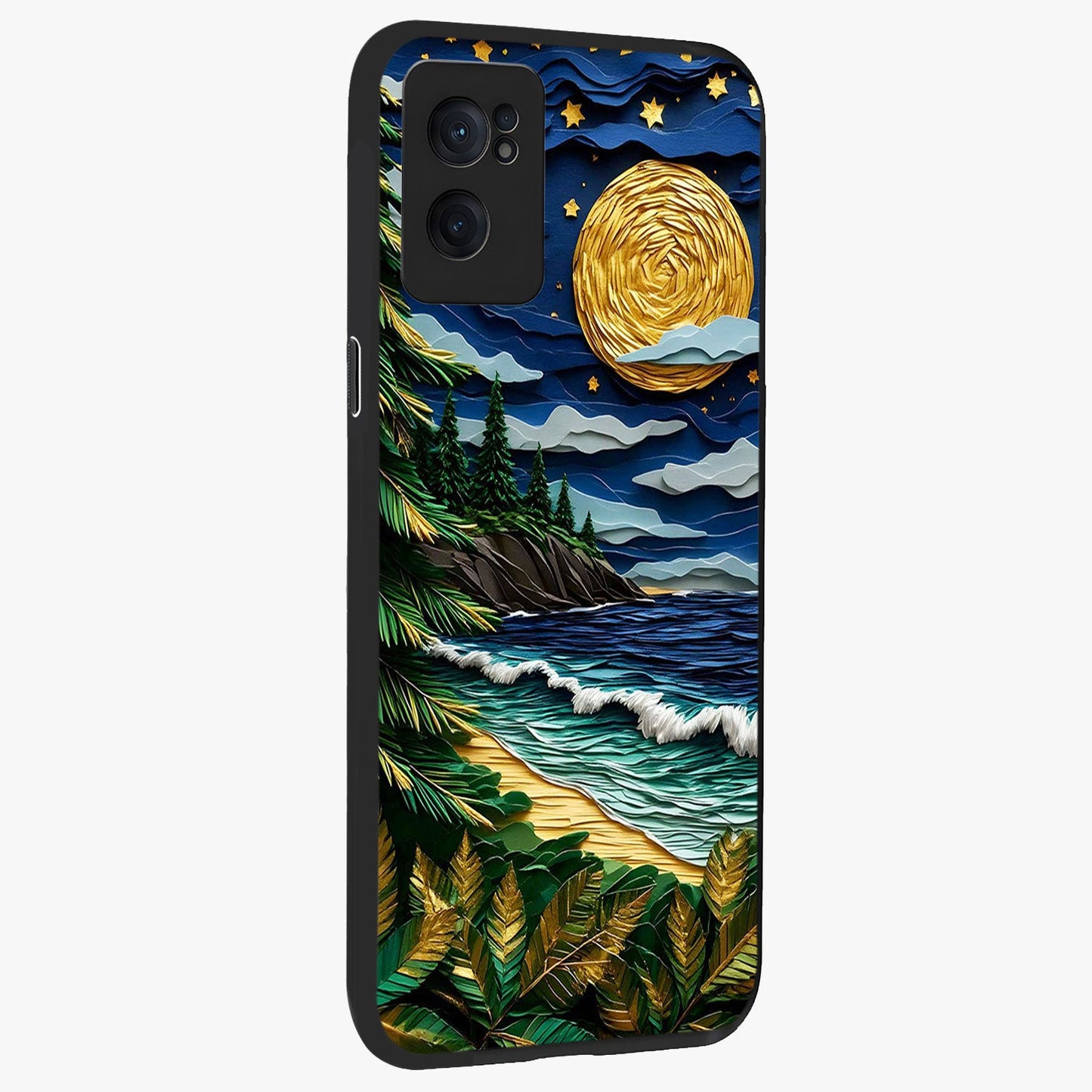 Moonlit Ocean Pines Glass Case for 1+Nord Ce 2 angled mockup showcasing glossy finish and deep blue gradients