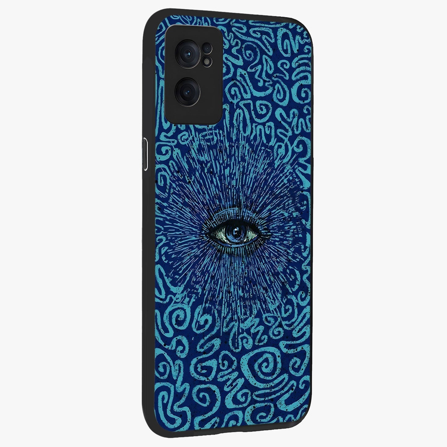 Mystic Inner Eye Glass Case for 1+Nord CE 2 angled mockup showcasing glossy finish and deep cosmic gradients