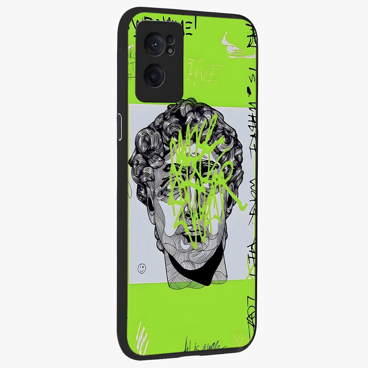Neo Graffiti Rebellion Glass Case for 1+Nord CE 2 angled mockup showcasing glossy finish and urban neon detailing