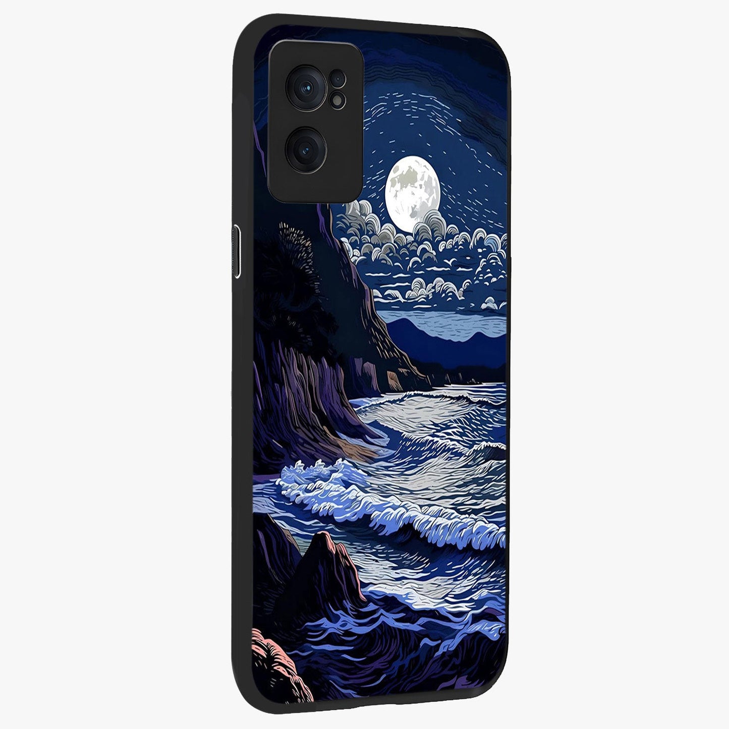 Night Moon Scenery Pattern Glass Case for 1+Nord Ce 2 angled mockup showcasing glossy finish and deep night tones