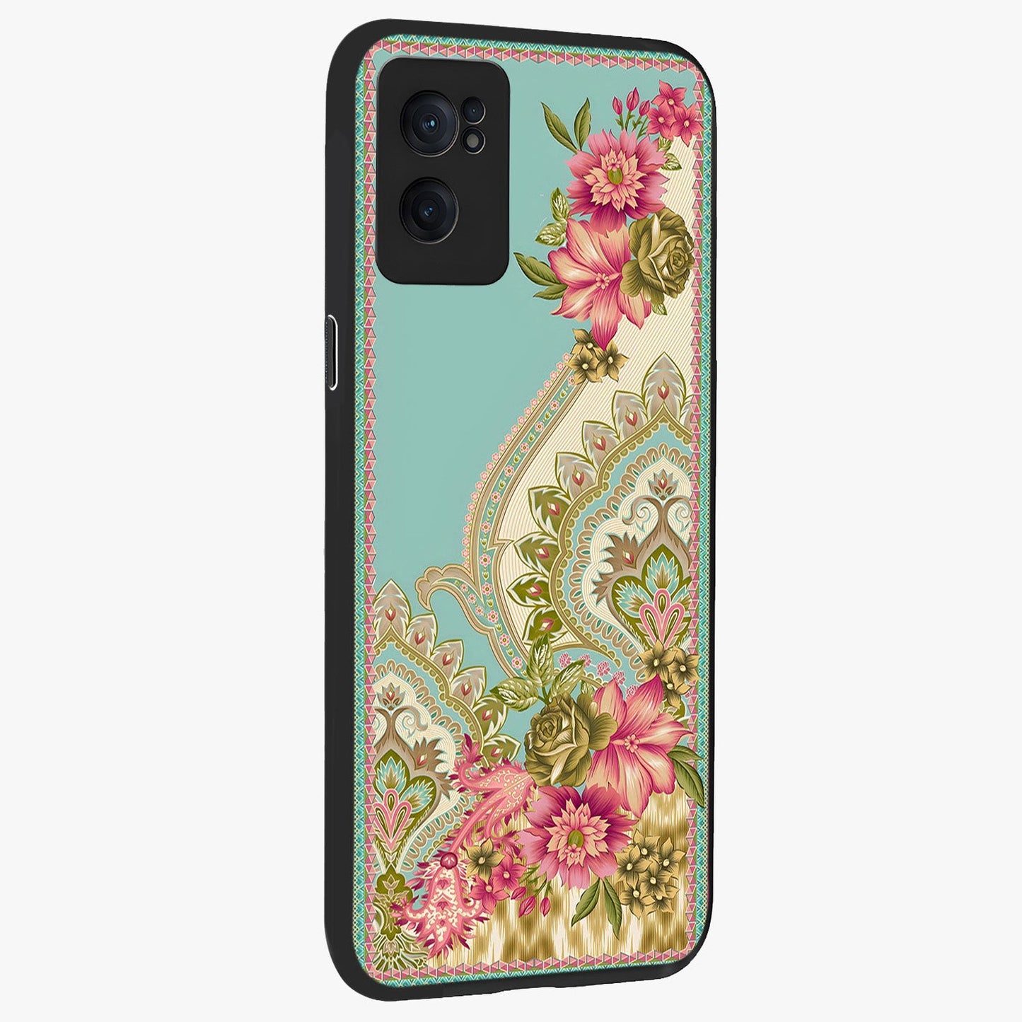 Ornate Mughal Floral Pattern Glass Case for 1+Nord Ce 2 angled mockup showcasing glossy finish and rich heritage detailing