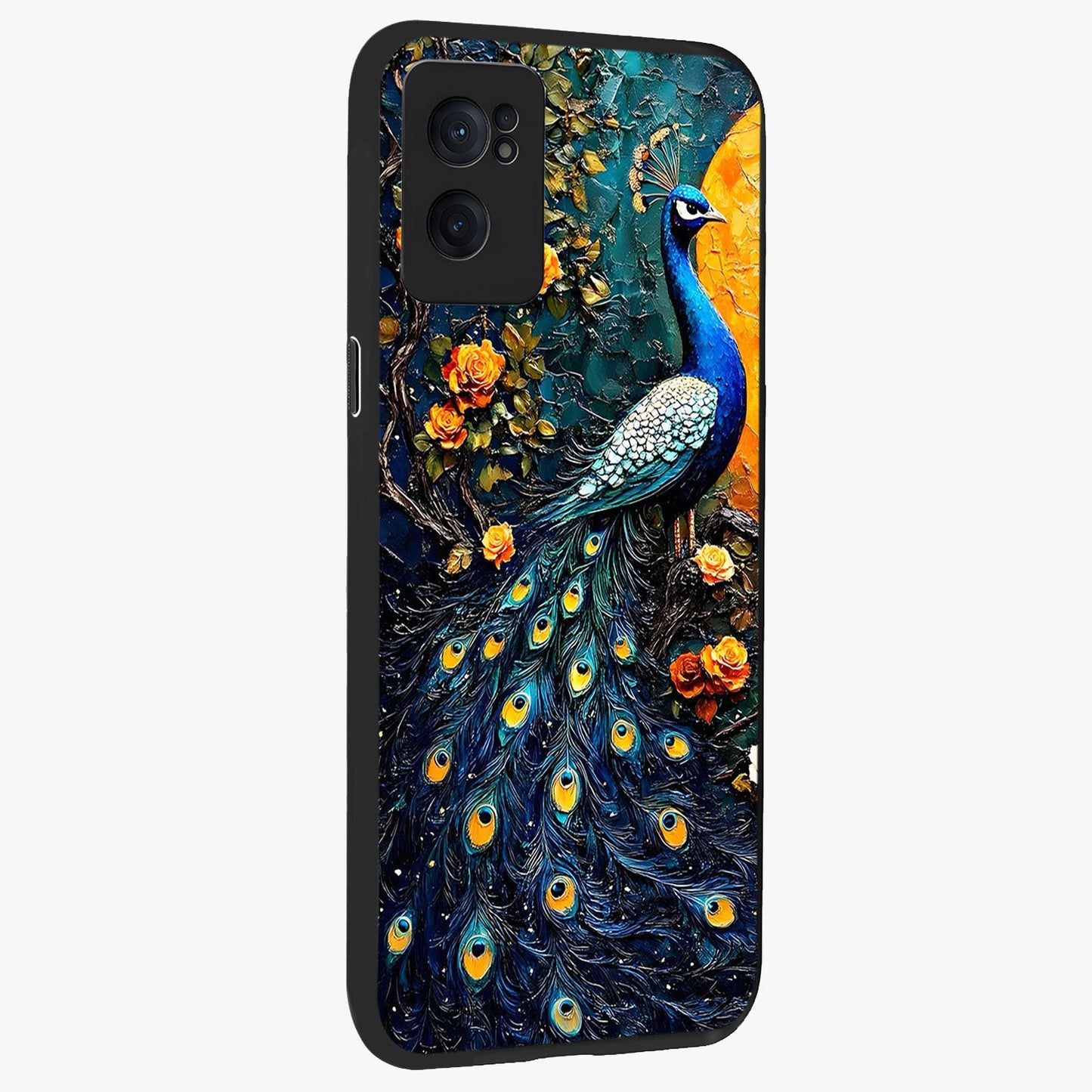 Peacock With Yellow Moon Glass Case for 1+Nord Ce 2 angled mockup showcasing glossy finish and deep night tones