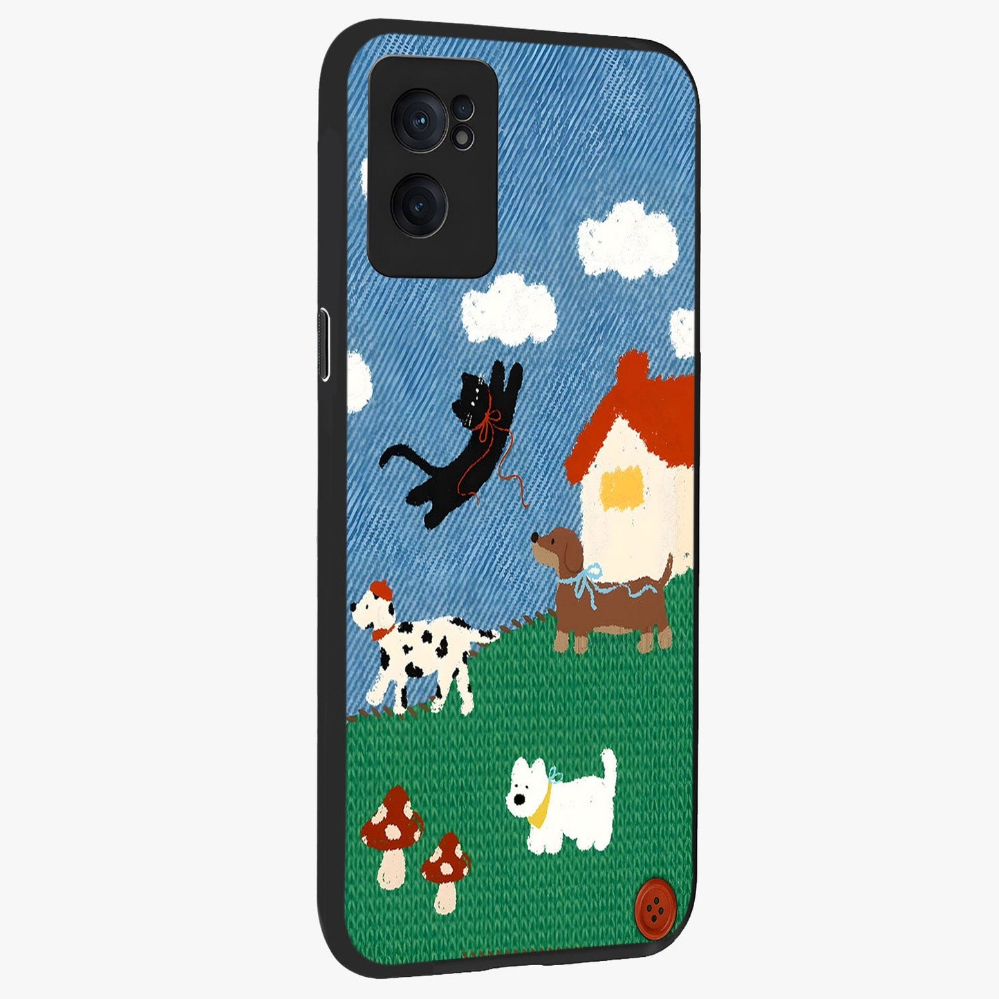 Pet Adventures Glass Case for 1+Nord Ce 2 angled mockup showcasing glossy finish and vibrant cartoon tones