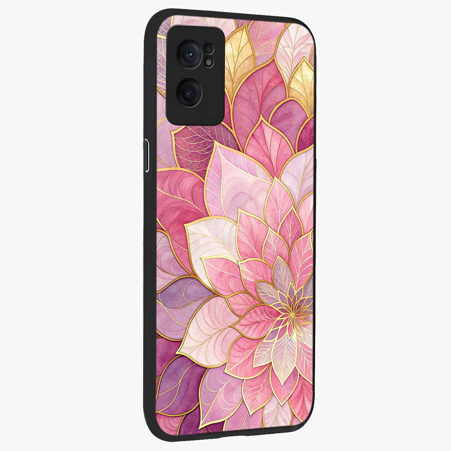 Petal Luxe Bloom Glass Case for 1+Nord Ce 2 angled mockup showcasing glossy finish and vibrant bloom accents