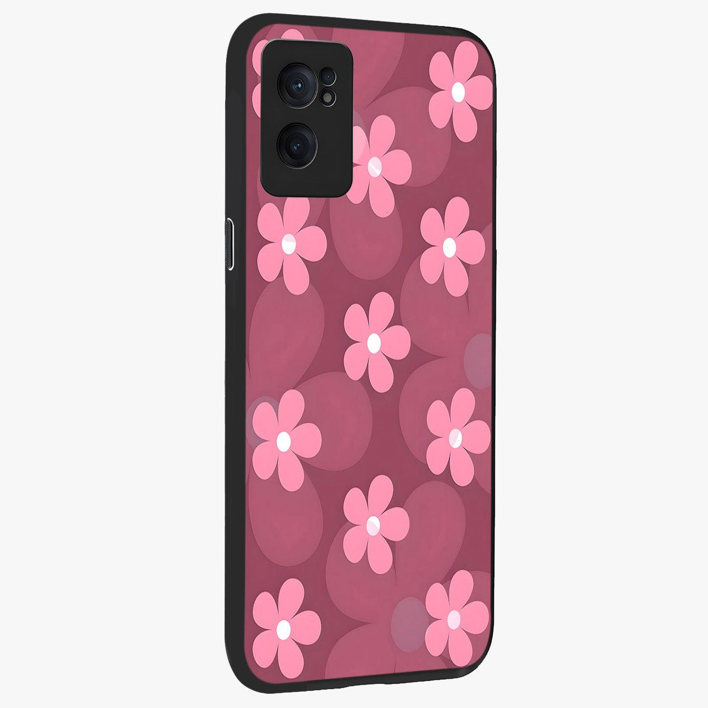 Pink Daisy Flower Pattern Glass Case for 1+Nord CE 2 angled mockup showcasing glossy finish and playful bloom detailing