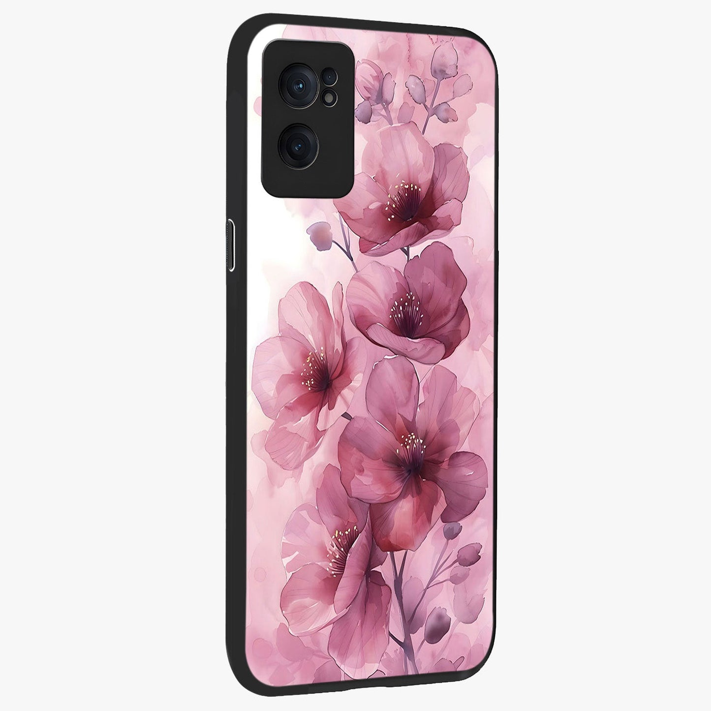 Pink Floral Glass Case for 1+Nord Ce 2 angled mockup showcasing glossy finish and delicate bloom detailing