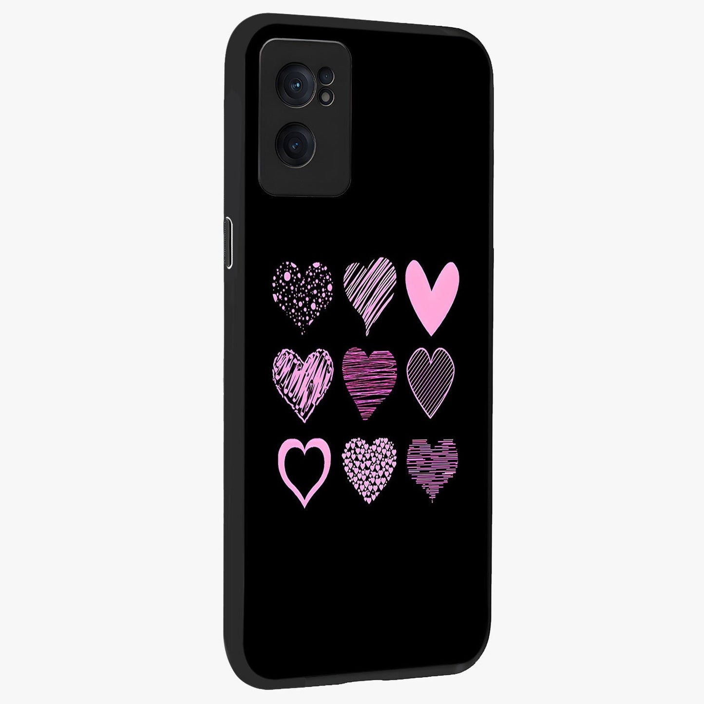Pink Heart Aesthetic Glass Case for 1+Nord Ce 2 angled mockup showcasing glossy finish and pastel romantic detailing
